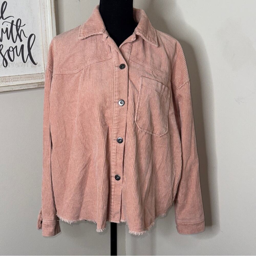 Zara Pink Blush Shirt Shacket Corduroy Fringe Trim Pockets Size M